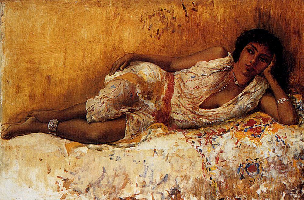 Niña morisca tumbada en un sofá indio egipcio persa Edwin Lord Weeks Pintura al óleo
